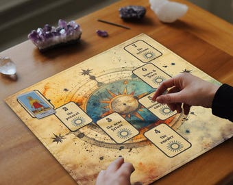 May include: A tarot card reading mat with a vintage map design. The mat features a central compass rose with sun and star details, surrounded by numbered card positions. A tarot card is placed on the mat.