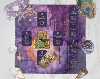 May include: A tarot card spread with a purple and gold design, featuring tarot cards, crystals, a peacock feather, and a smudge stick. The cards are labeled with terms like "recent past" and "immediate future."
