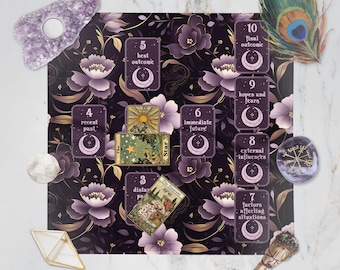 May include: A tarot card spread with a floral background in shades of purple and gold. The spread includes tarot cards with titles like "Recent Past" and "Final Outcome", along with crystals, a peacock feather, and a smudge stick.
