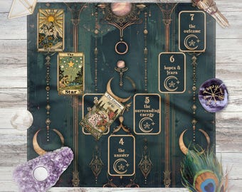 May include: A teal tarot cloth with gold accents and tarot cards laid out. The cards include "The Sun", "The Star", and "The Empress". Other items include crystals, a peacock feather, and a smudge stick.