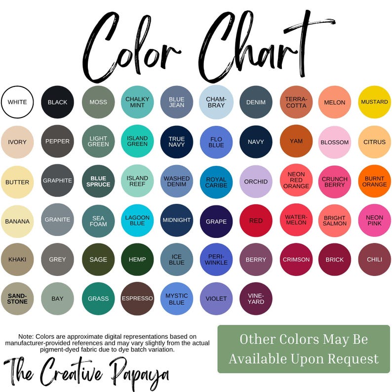 Puede incluir: Una carta de colores con una variedad de colores, cada uno mostrado en una muestra circular. La carta incluye una gama de tonos, desde el blanco y el negro hasta tonos vibrantes de rosa, azul y verde. El texto "Color Chart" est&aacute; en la parte superior.