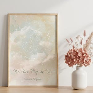 May include: A framed print titled "The Star Map of Us" with a watercolor background of clouds and constellations. The print is in a light wood frame and sits on a wooden surface. A white vase with pink flowers is next to the print.