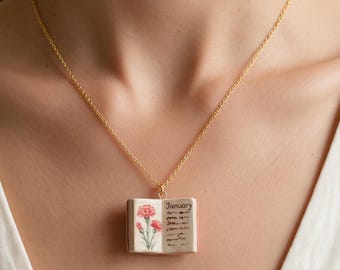 Birth Month Flower Book Necklace, 14K Gold Plated Copper Floral Pendant, Birthday Gift for Her, Unique Month Jewelry