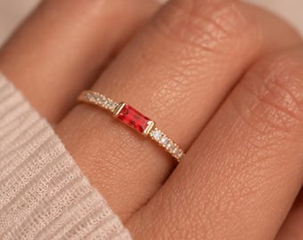 Baguette Birthstone Ring, Dainty Stackable Ring, Month Crystal Jewelry, Birthday Gift for Her