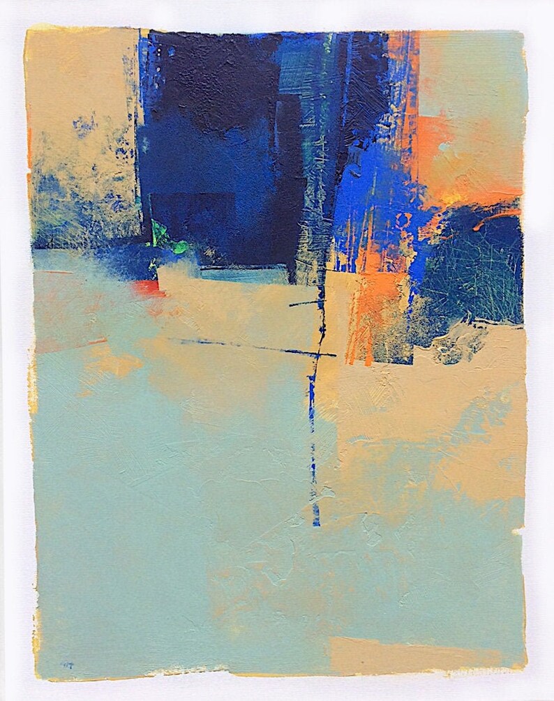 K&ouml;nnte beinhalten: Abstrakte Malerei mit strukturierter Oberfl&auml;che. Das Kunstwerk zeigt eine Palette aus Blau-, Orange- und Beiget&ouml;nen. Ein dunkelblauer Block dominiert die obere Mitte, mit vertikalen blauen und orangen Strichen. Der untere Teil ist hellblau.