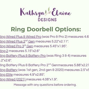 以下が含まれることがあります： Kathryn Elaine Designsによる情報グラフィック。Ringドアベルの各モデルとインチ単位の寸法が記載されています。対象モデルは、Wired Plus、Pro、2nd Gen、3rd Gen、Ring 2、Battery Plus、Battery Pro、Ring 3、4、Elite、Wired 2021です。