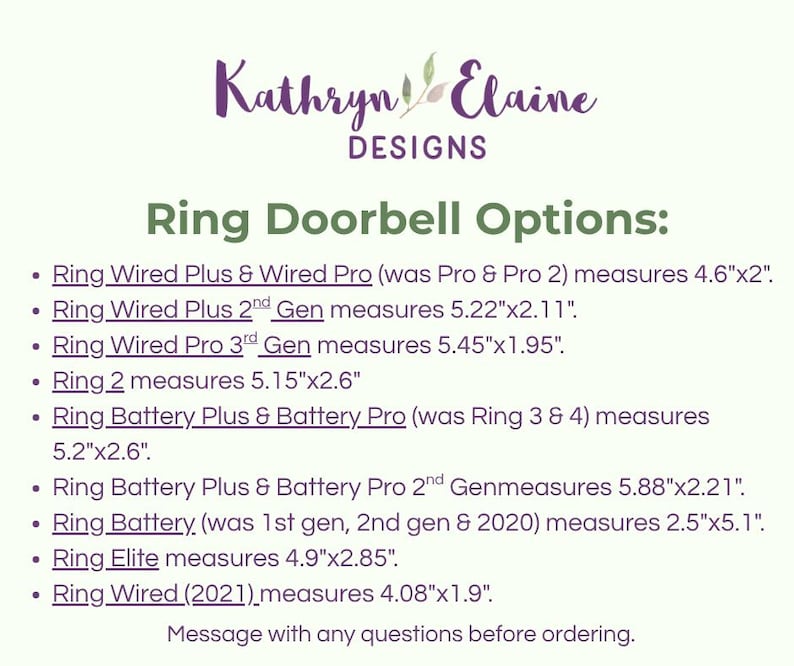 以下が含まれることがあります： Kathryn Elaine Designsによる情報グラフィック。Ringドアベルの各モデルとインチ単位の寸法が記載されています。対象モデルは、Wired Plus、Pro、2nd Gen、3rd Gen、Ring 2、Battery Plus、Battery Pro、Ring 3、4、Elite、Wired 2021です。