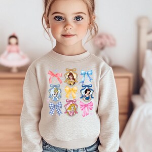 Coquette Bow Disney Princess Vintage Sweatshirt, Belle Ariel Elsa Cinderella, Walt Disney Disney Girl Trip Gift image 1