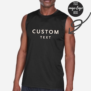 May include: Black sleeveless athletic shirt with the words "CUSTOM TEXT" printed in a light beige color. A circular logo with the text "TEXT imige-logo HERE" is in the upper right corner. The shirt is designed for athletic activities.