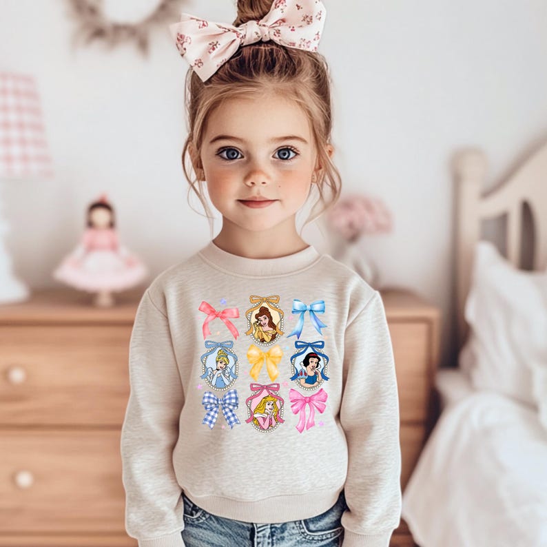 Coquette Bow Disney Princess Vintage Sweatshirt, Belle Ariel Elsa Cinderella, Walt Disney Disney Girl Trip Gift image 1