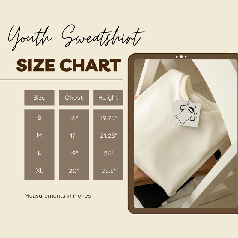 May include: Cream-colored youth sweatshirt with a size chart. The chart lists chest and height measurements in inches for sizes S, M, L, and XL. The sweatshirt is folded and has a tag attached.