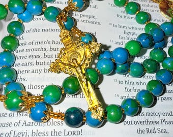 Handmade Blue and Green Marble Rosary with Gold Accents, a Saint Joseph and Baby Jesus Centerpiece, and a gold cross