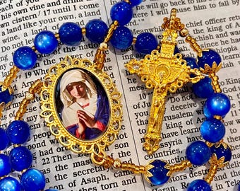 Handmade Blue Tiger's Eye Rosary, Gold Mary Centerpiece, and Gold Cross