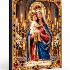 Puede incluir: Una placa de pared rectangular con una ilustración religiosa de Nuestra Señora del Buen Remedio sosteniendo a un niño, ambos con coronas. La imagen está enmarcada en un marco dorado ornamentado con gemas rojas y azules y texto.