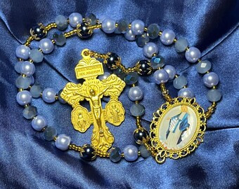 Handmade Blue Pearl Rosary, Hexagonal Beads, Gold Cross, Mary Centerpiece