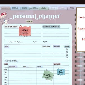 May include: A personal planner with a pink cover and tabs for productivity, health, and goals. The planner includes Post-It notes with text, a weekly focus section, and a health and fitness tracker. The color palette is rustic.