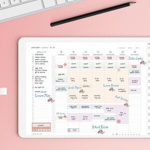 May include: A digital planner on a white tablet, displaying a weekly schedule with color-coded sections for tasks and events. The planner includes text such as "Lesson Plan," "Grade Papers," and "School Event." A cup of coffee and a keyboard are in the background.