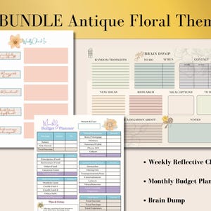 May include: A bundle of antique floral-themed planner pages. The set includes a weekly reflective check-in, a monthly budget planner, and a brain dump page. The pages feature a soft color palette with floral accents and text.