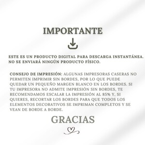 May include: A white background with gray text that reads "IMPORTANTE" and "GRACIAS". The text explains that this is a digital product for instant download and no physical product will be shipped.