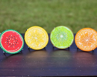 Hand-Painted Fruit Slice Coaster Set: Colorful Ceramic Kitchen Decor