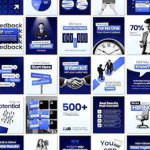 Op de afbeelding: Een verzameling marketing- en zakelijke afbeeldingen in blauw- en wittinten. De afbeeldingen bevatten grafieken, diagrammen en tekst zoals "Employee Spotlight 1,000 Leads" en "Interact with your customers".