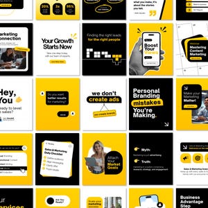 Może przedstawiać: Zbiór grafik o tematyce marketingowej z żółtym i czarnym tłem. Grafiki zawierają tekst, taki jak "Your Growth Starts Now", "Boost Your Views" i "Personal Branding Mistakes You're Making". Obraz zawiera również ikony i wykresy.