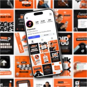 May include: A smartphone displaying the Instagram profile page for shapestud, featuring a profile picture with a stylized letter S, 346 posts, 13.5K followers, and a grid of orange and black social media design templates for creative minds.
