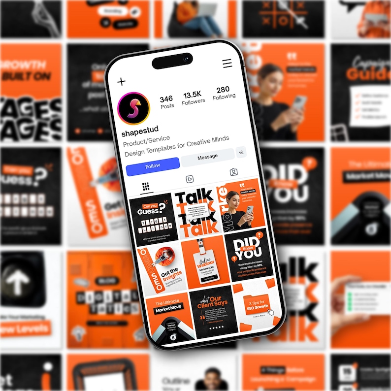 May include: A smartphone displaying the Instagram profile page for shapestud, featuring a profile picture with a stylized letter S, 346 posts, 13.5K followers, and a grid of orange and black social media design templates for creative minds.