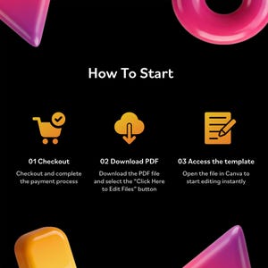 May include: A black instructional graphic titled How To Start with three orange icons: a shopping cart, a cloud download, and a document with a pencil. Text steps include 01 Checkout, 02 Download PDF, and 03 Access the template with instructions.
