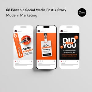 May include: Three smartphone screens displaying editable social media post and story templates for modern marketing. The designs feature orange and black color schemes with text including Get the Insights, Online Webinar, and Did You Know.