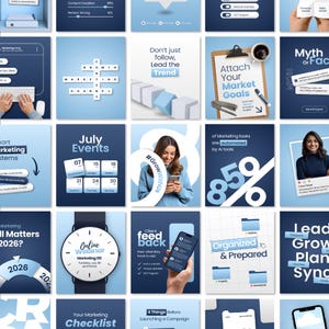 Puede incluir: Una cuadrícula de redes sociales sobre marketing digital con varios diseños gráficos en tonos azules, que incluyen publicaciones de texto, calendarios, listas de verificación e ilustraciones de suministros de oficina y dispositivos móviles.