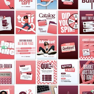 May include: A grid of twenty-five square social media graphics featuring a consistent color palette of pink, red, and maroon. The designs include text, illustrations, and photographs of people, calculators, and calendars, all focused on marketing themes.