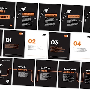 Peut inclure: Une série de cartes noires et blanches avec des accents orange, présentant des étapes pour transformer les idées en résultats. Les titres incluent "Spark Ideas" et "Plan Motive", avec des descriptions concises. Idéal pour la stratégie.