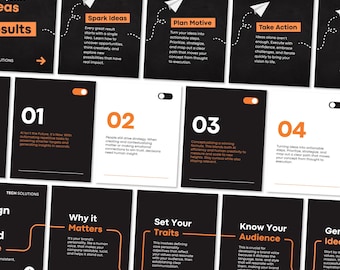 Puede incluir: Una colección de tarjetas informativas en blanco y negro con texto y gráficos en naranja. Las tarjetas muestran pasos numerados y encabezados como Spark Ideas, Plan Motive, Take Action, Why it Matters, Set Your Traits y Know Your Audience.