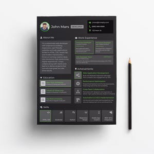 May include: A black resume template with the name "John Mars" and the title "Developer" at the top. The resume includes sections for "About Me," "Work Experience," "Achievements," and "Skills." A black pencil is placed to the right of the resume.