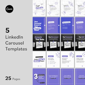 Könnte beinhalten: Ein Canva-Vorlagensatz für LinkedIn-Karussells. Das Design verwendet ein lila und weißes Farbschema mit Text wie "Unsere Ziele" und "Inhalte, die verkaufen". Das Set umfasst 25 Seiten, ideal für Marketingzwecke.