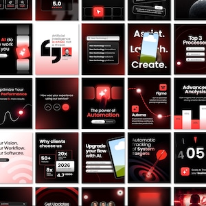 May include: A collection of digital marketing graphics with a dark red and black color scheme. The graphics feature text, icons, and charts related to technology, automation, and business performance. The design is modern and clean.