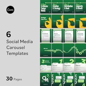 May include: A set of 6 social media carousel templates for Canva, totalling 30 pages. The designs feature green backgrounds with white text, yellow hand illustrations, and various marketing-themed graphics including funnels and Q&A sections.