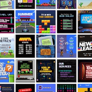 Puede incluir: Una colección de veinticinco gráficos digitales con estética de videojuegos retro de 8 bits. Las imágenes muestran varios temas de marketing, personajes pixelados, consolas de juegos y textos superpuestos como Level Up, Growth Stats y Our Services.