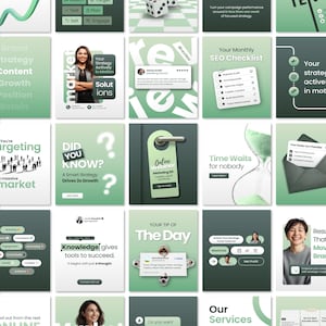 May include: A collection of digital marketing social media templates featuring a consistent sage green and dark forest green colour palette. The graphics include text, icons, checklists, and photographs of people, organised in a grid layout for business.