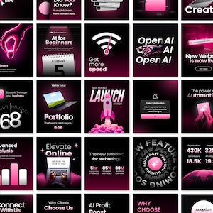 AI Tech Social Media Templates Canva | SaaS Branding Kit | Dark Cyberpunk Tech Instagram Posts for Startup | Digital Marketing Graphic Pack