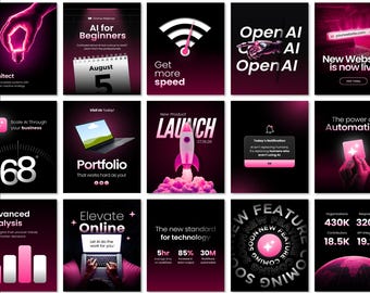 AI Tech Social Media Templates Canva | SaaS Branding Kit | Dark Cyberpunk Tech Instagram Posts for Startup | Digital Marketing Graphic Pack