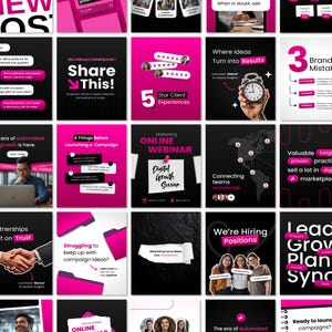 Può includere: Una collezione di venticinque grafiche quadrate per social media con una combinazione di colori coerente in nero e rosa acceso. I design includono testo, icone e fotografie relative a marketing, crescita aziendale, webinar e strategie di assunzione.