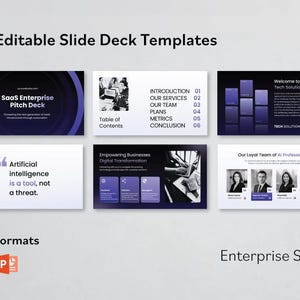 K&ouml;nnte beinhalten: Eine Sammlung von 30 bearbeitbaren Folienvorlagen im Unternehmensstil. Die Vorlagen umfassen Designs f&uuml;r ein SaaS Enterprise Pitch Deck, Inhaltsverzeichnis und andere gesch&auml;ftsbezogene Folien. Dateiformate sind Canva und PowerPoint.