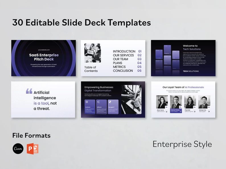 K&ouml;nnte beinhalten: Eine Sammlung von 30 bearbeitbaren Folienvorlagen im Unternehmensstil. Die Vorlagen umfassen Designs f&uuml;r ein SaaS Enterprise Pitch Deck, Inhaltsverzeichnis und andere gesch&auml;ftsbezogene Folien. Dateiformate sind Canva und PowerPoint.