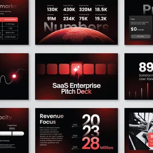 Puede incluir: Una colección de nueve diapositivas de presentación con tema oscuro para un SaaS Enterprise Pitch Deck. Las diapositivas muestran texto en rojo y blanco, gráficos de datos, puntos de referencia de rendimiento y proyecciones.