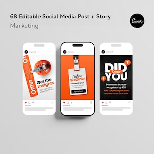 May include: A digital marketing graphic with three mock-up smartphone screens. The screens display social media posts with orange and black backgrounds. Text includes "Get the Insights", "Online Webinar", and "Did You Know". The Canva logo is in the upper right corner.