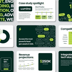 Puede incluir: Una colección de nueve diapositivas de presentación empresarial rectangulares con un esquema de color verde oscuro y verde lima. Las diapositivas muestran varias visualizaciones de datos, incluyendo un gráfico circular, una tabla de matriz competitiva, proyecciones de ingresos y contenido de estrategia de marketing basado en texto.