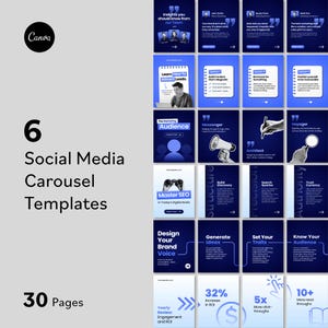 May include: A collection of 30 social media carousel templates by Canva, featuring dark blue and white designs. The templates include various layouts with text, icons, and graphics for marketing, SEO, and brand strategy, organised in a grid.