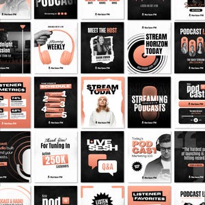 May include: A collection of twenty-five square social media graphics for Horizon FM, featuring a consistent colour palette of black, white, and coral. The designs include text, photography, and illustrations related to podcasting, streaming, and radio.